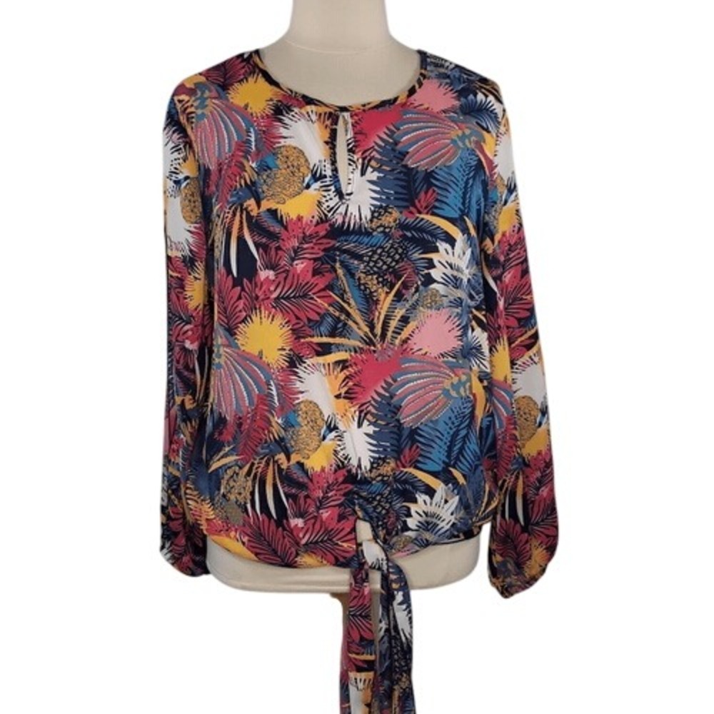 Ashley Stewart Tropical Tie‎ Front Keyhole Top